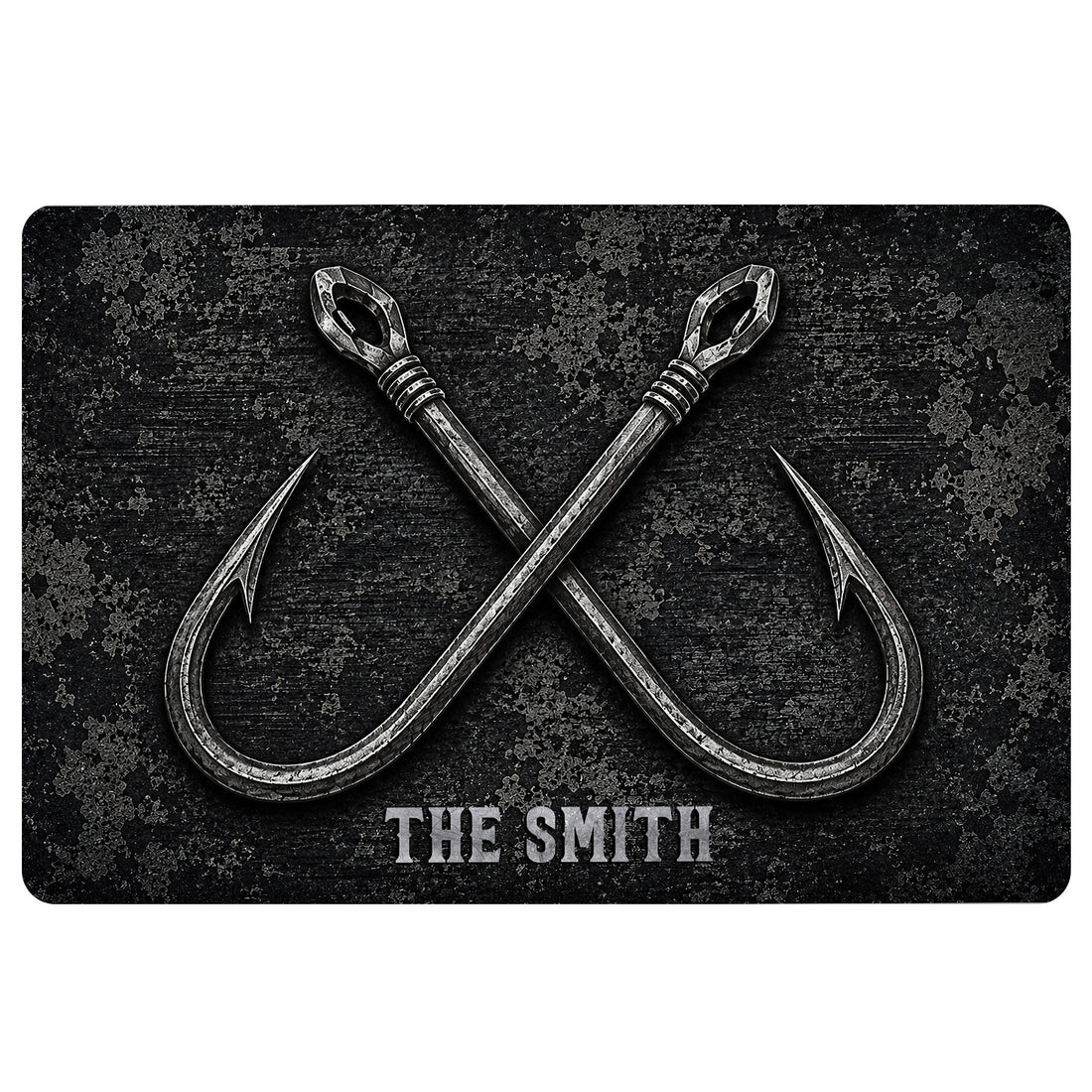Black fishing doormat featuring crossed vintage-style hooks and a textured nautical background