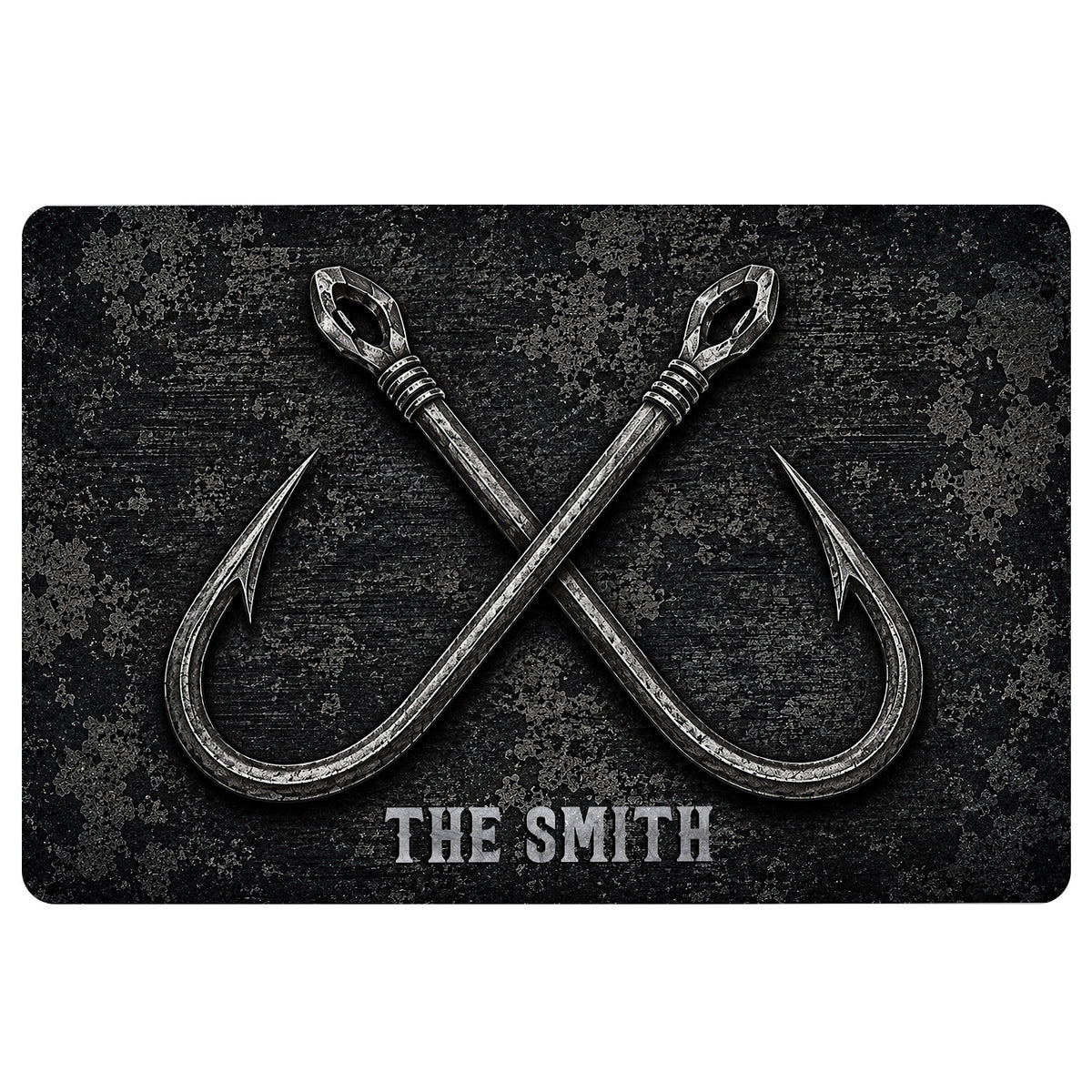 Black fishing doormat featuring crossed vintage-style hooks and a textured nautical background