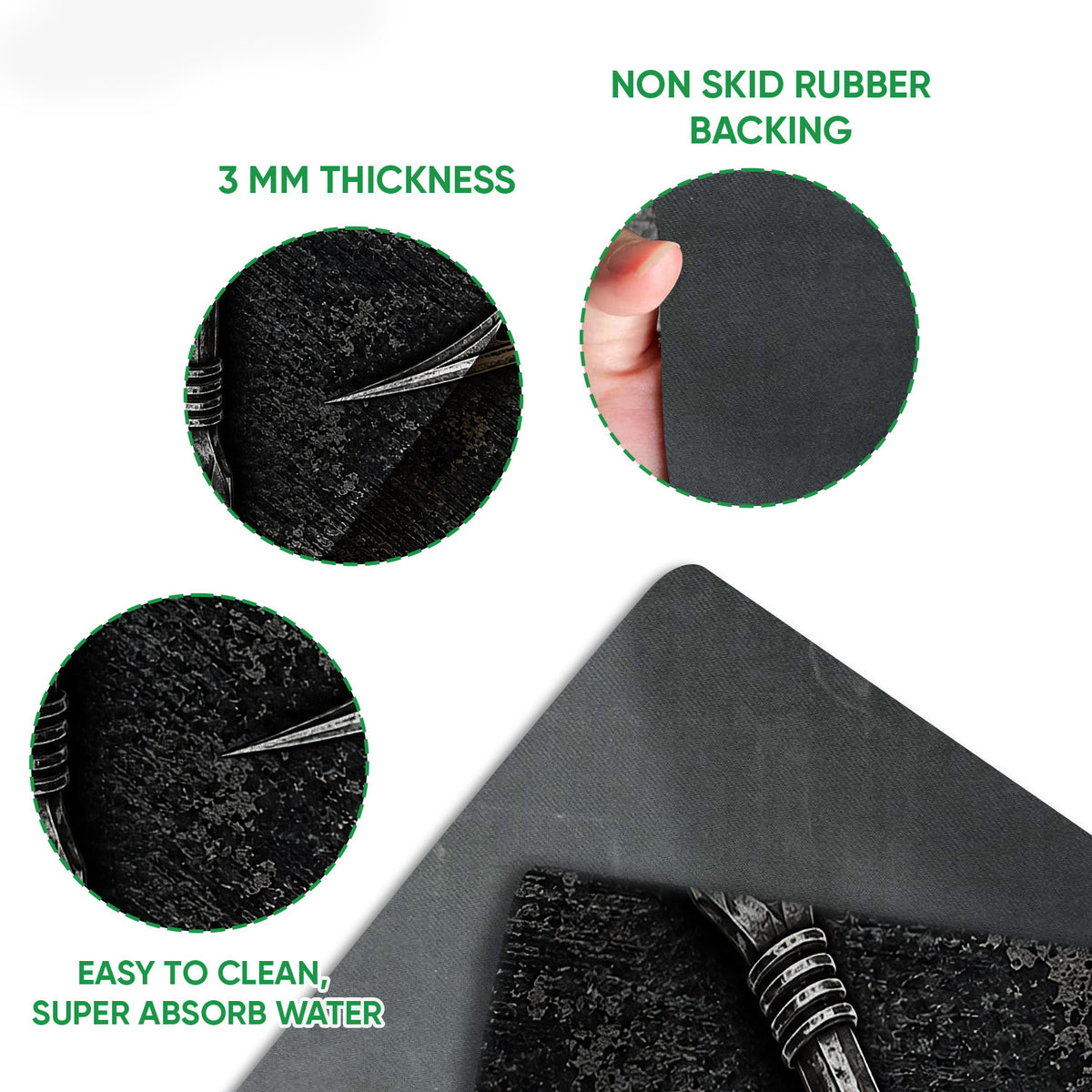 Close-up detail of the fishing hook doormat surface and rubber backing construction