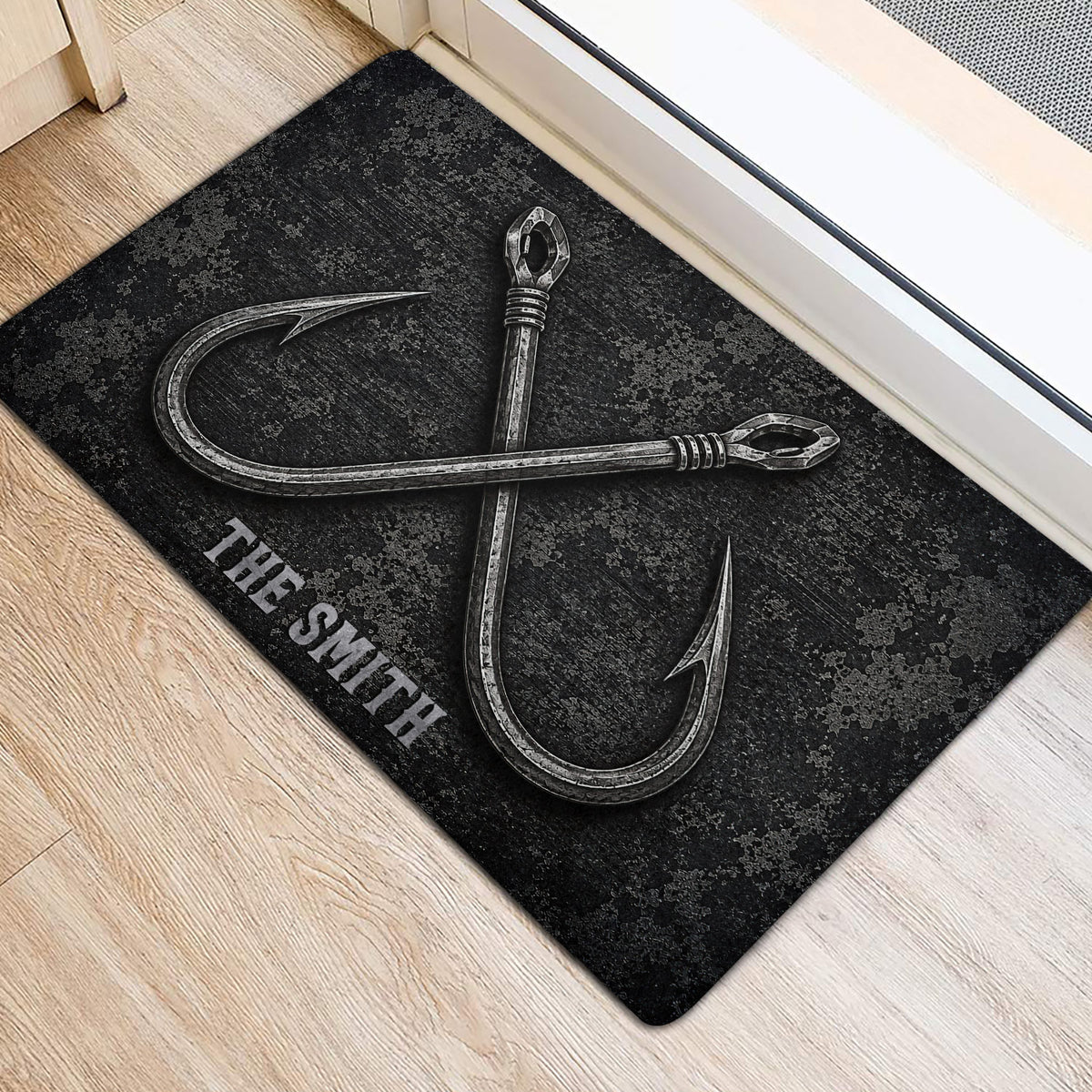 Fishing-themed doormat placed beside a doorway with crossed hook artwork