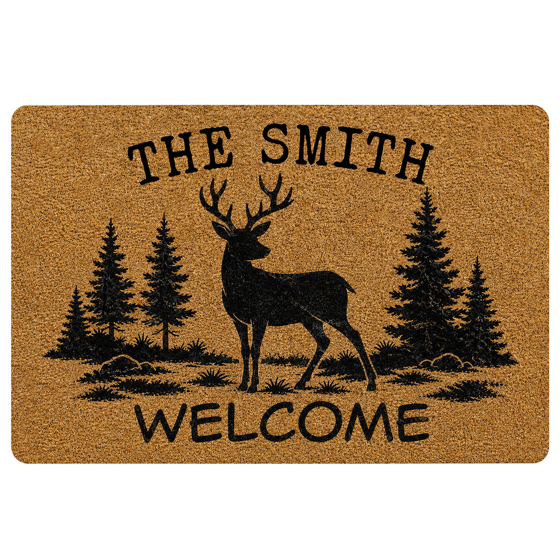 Tan hunting doormat with a black deer silhouette, pine trees, and welcome message