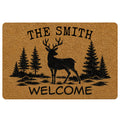 Tan hunting doormat with a black deer silhouette, pine trees, and welcome message