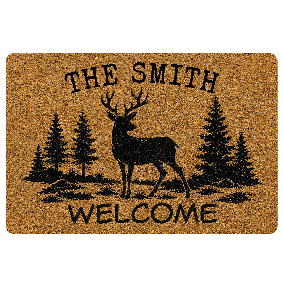 Tan hunting doormat with a black deer silhouette, pine trees, and welcome message
