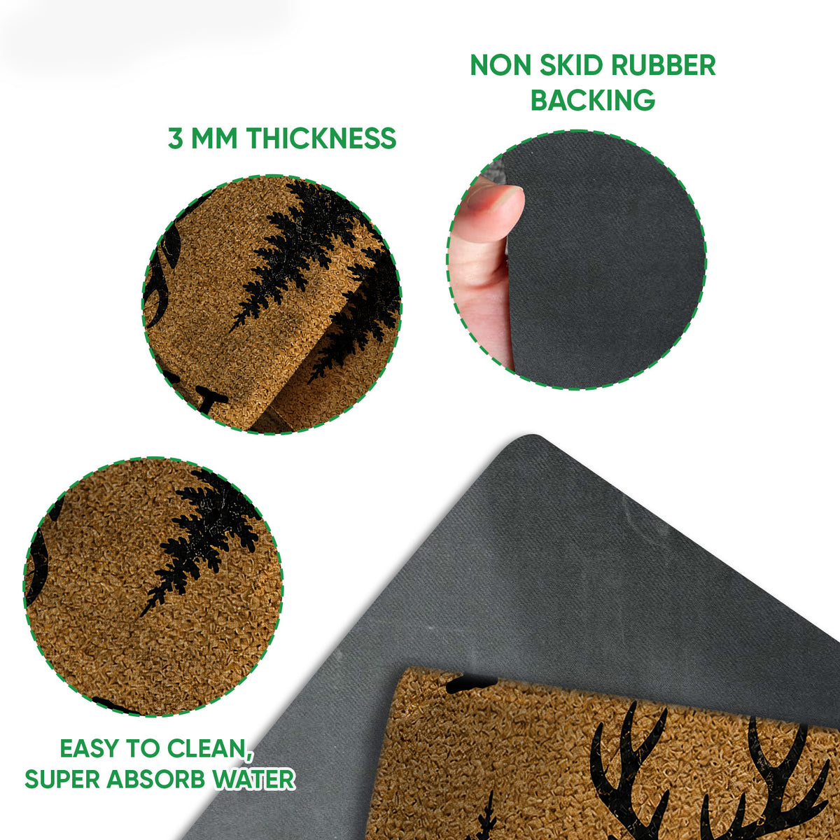 Close-up feature view of hunting doormat surface and dark rubber backing
