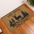 Deer hunting doormat displayed at a home entrance on warm wood flooring