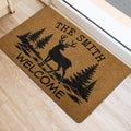 Hunting entryway mat with deer and pine forest artwork beside a doorway