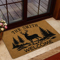 Deer hunting welcome doormat styled inside a home near a glass door