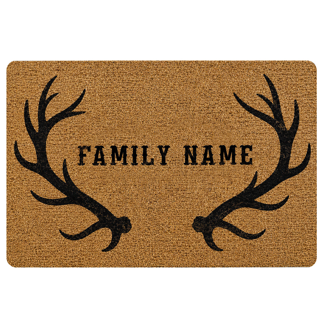 Rustic hunting doormat with black antler silhouettes and a central family name design