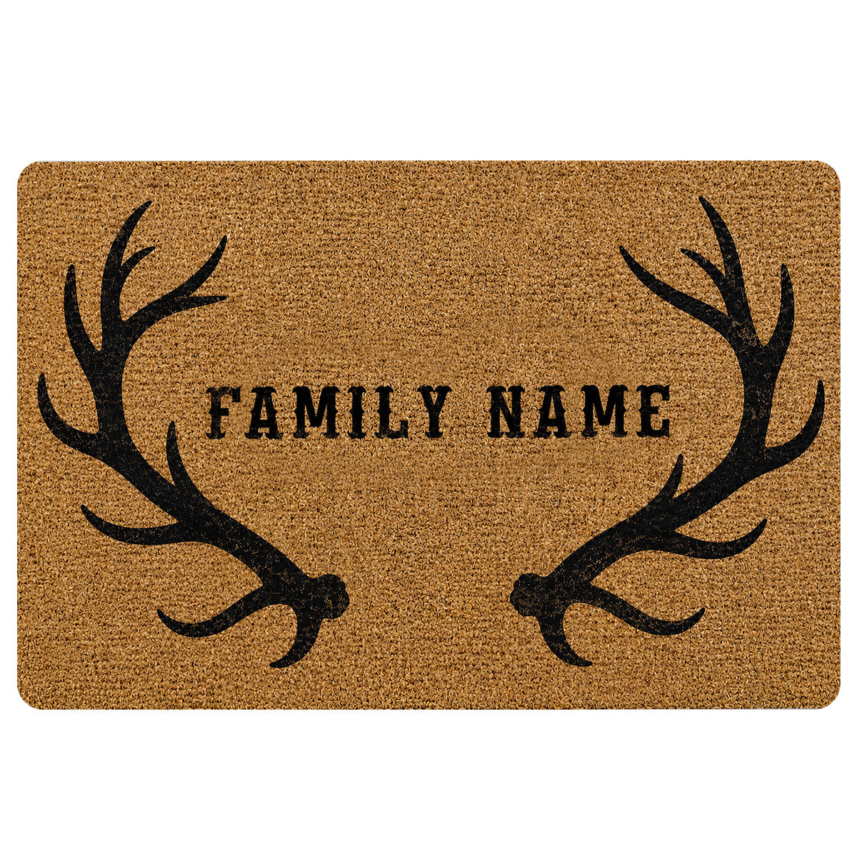 Rustic hunting doormat with black antler silhouettes and a central family name design