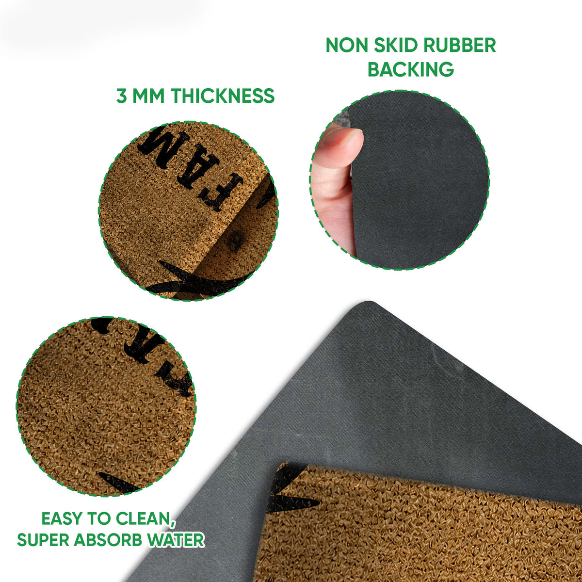 Close-up detail view showing the hunting doormat surface, edge thickness, and black rubber backing