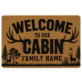 Hunting doormat with deer silhouettes, antlers, forest scenery, and bold welcome artwork