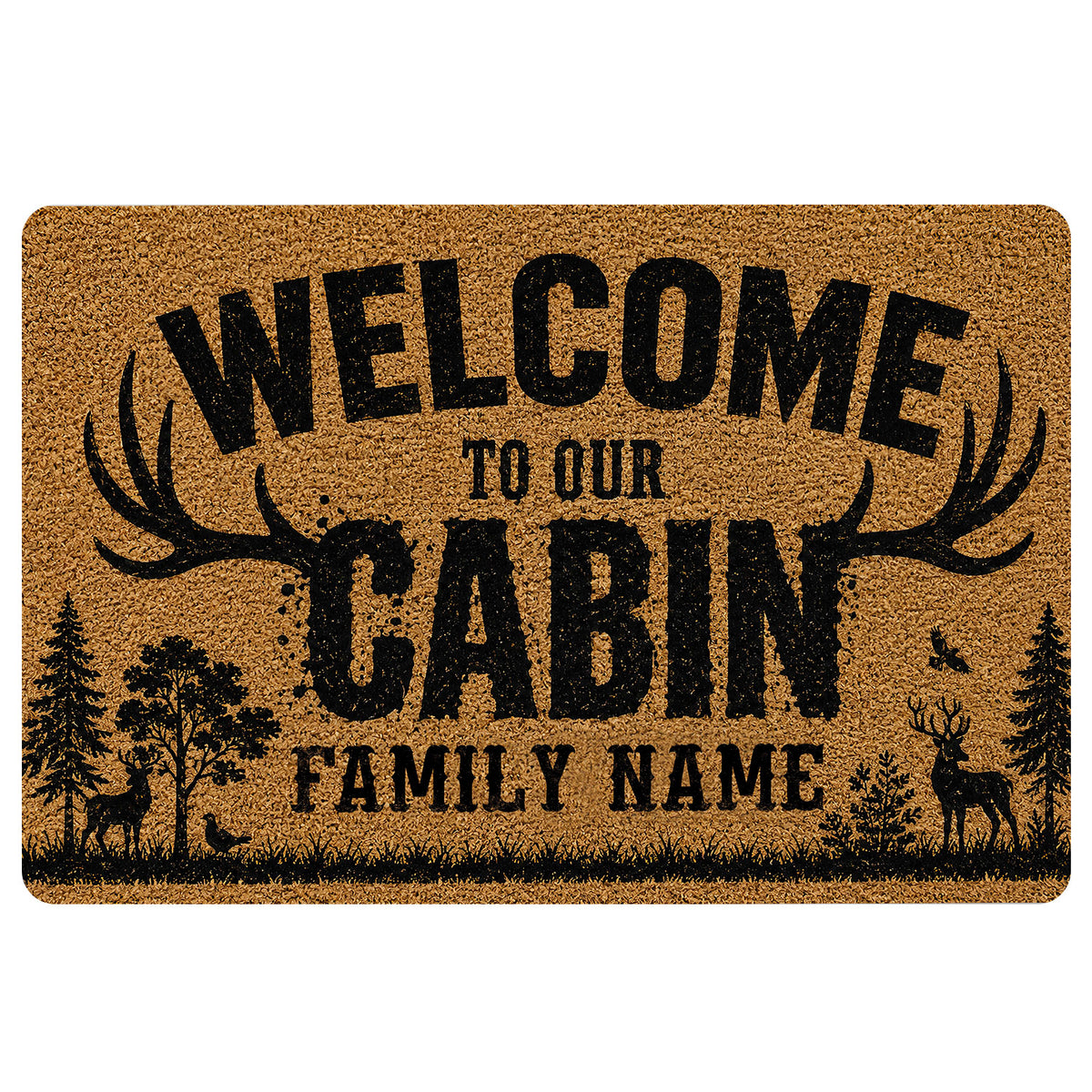Hunting doormat with deer silhouettes, antlers, forest scenery, and bold welcome artwork