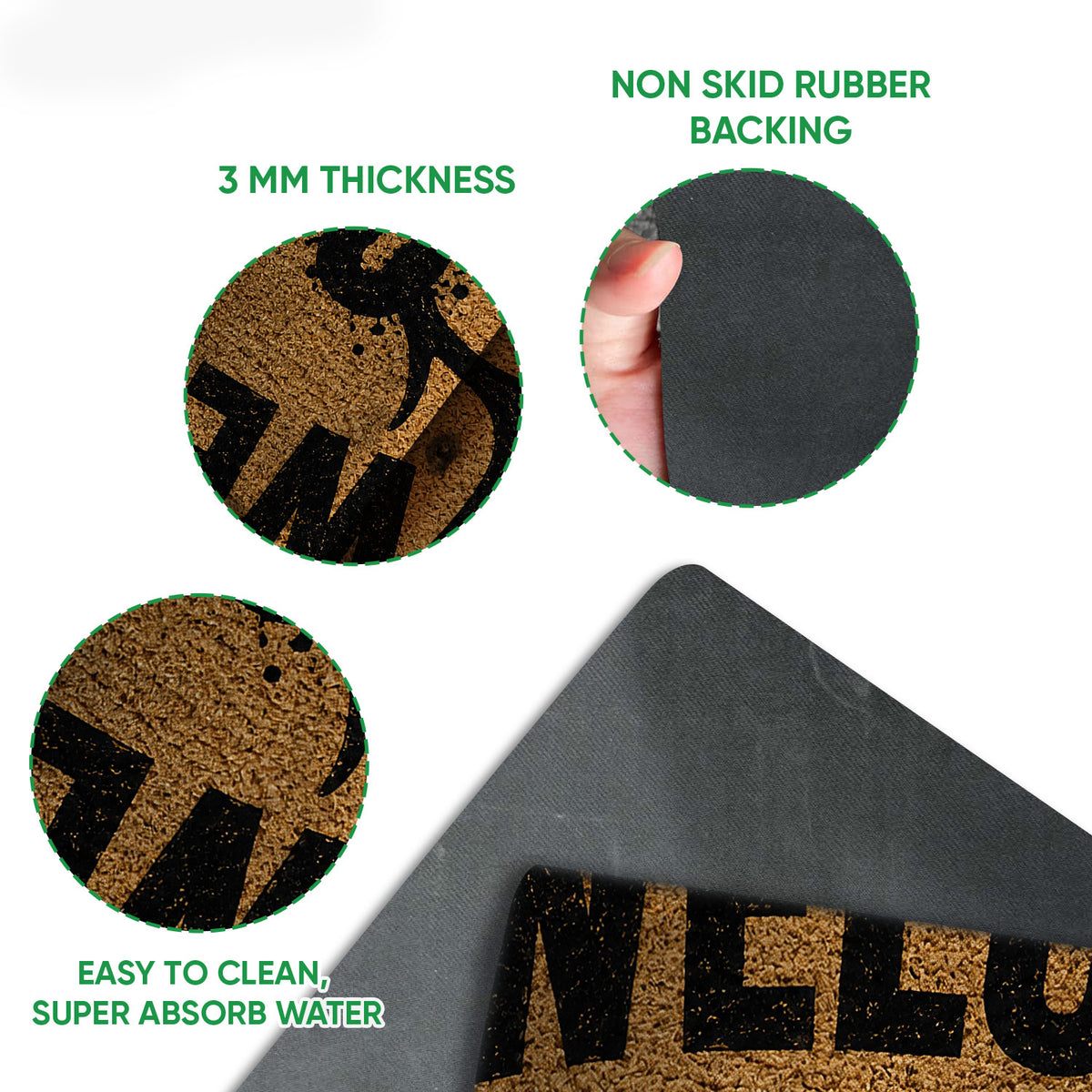 Close-up view of hunting doormat surface and rubber backing with feature details