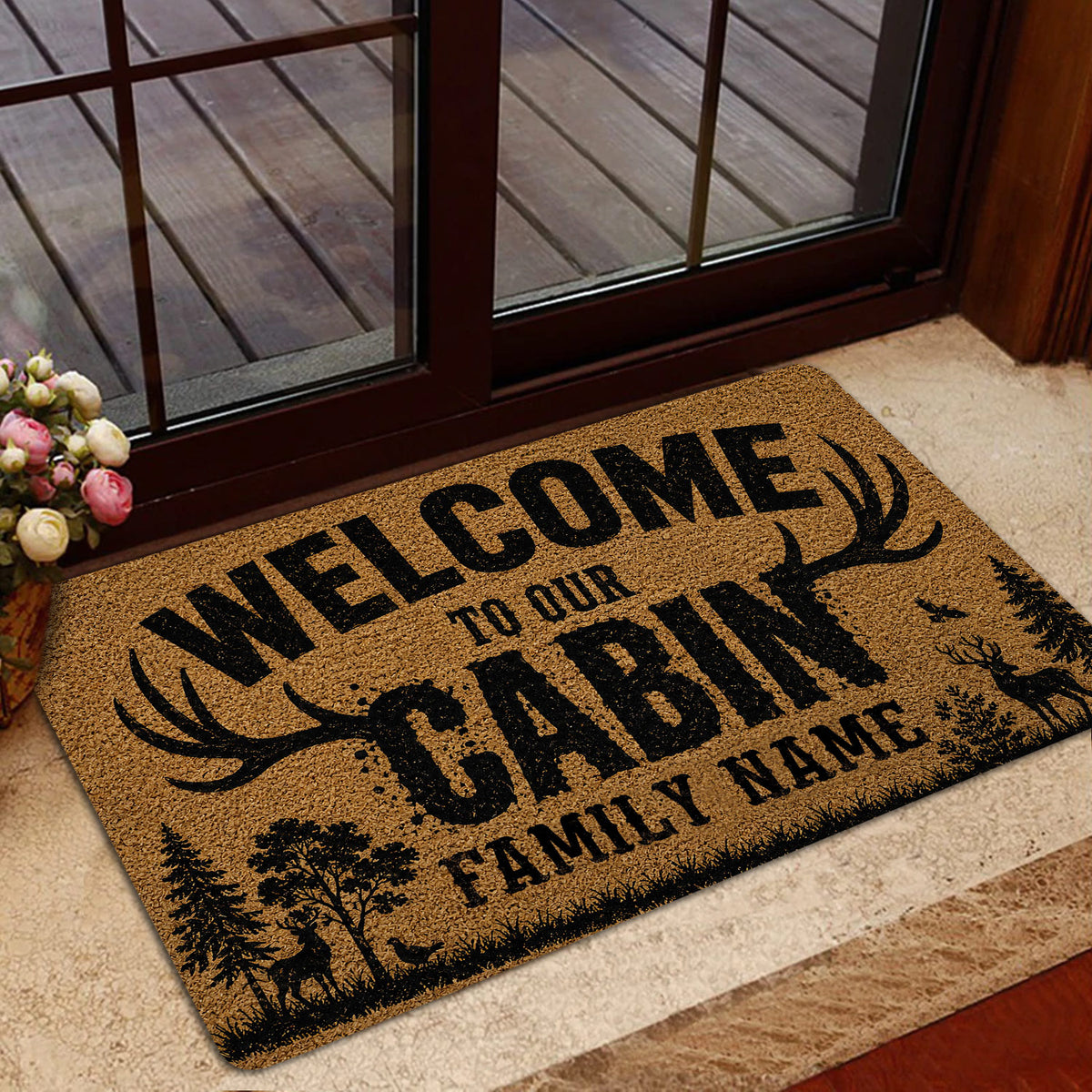 Hunting-themed welcome doormat styled at an indoor entrance near glass doors