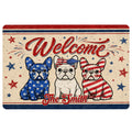 Patriotic French Bulldog doormat with three illustrated dogs, red white and blue stars, and a welcome message