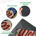 Close-up feature collage showing the printed French Bulldog doormat surface and black rubber backing
