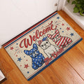 Patriotic French Bulldog welcome mat displayed at an indoor entryway on a wood floor