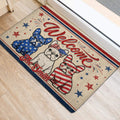 French Bulldog entryway mat with red white and blue artwork placed beside a doorway