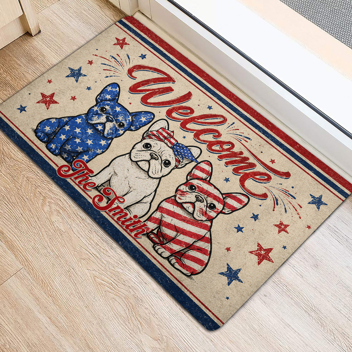 French Bulldog entryway mat with red white and blue artwork placed beside a doorway