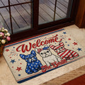Patriotic French Bulldog welcome doormat styled inside a glass doorway near a deck