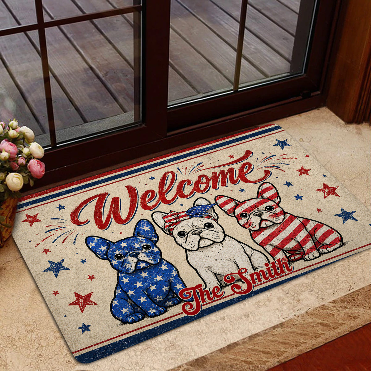 Patriotic French Bulldog welcome doormat styled inside a glass doorway near a deck