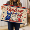 French Bulldog doormat with patriotic star artwork shown in a lifestyle product presentation