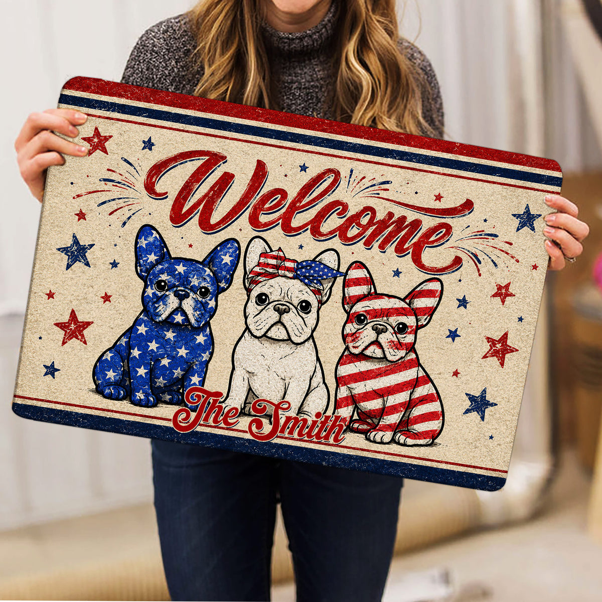 French Bulldog doormat with patriotic star artwork shown in a lifestyle product presentation