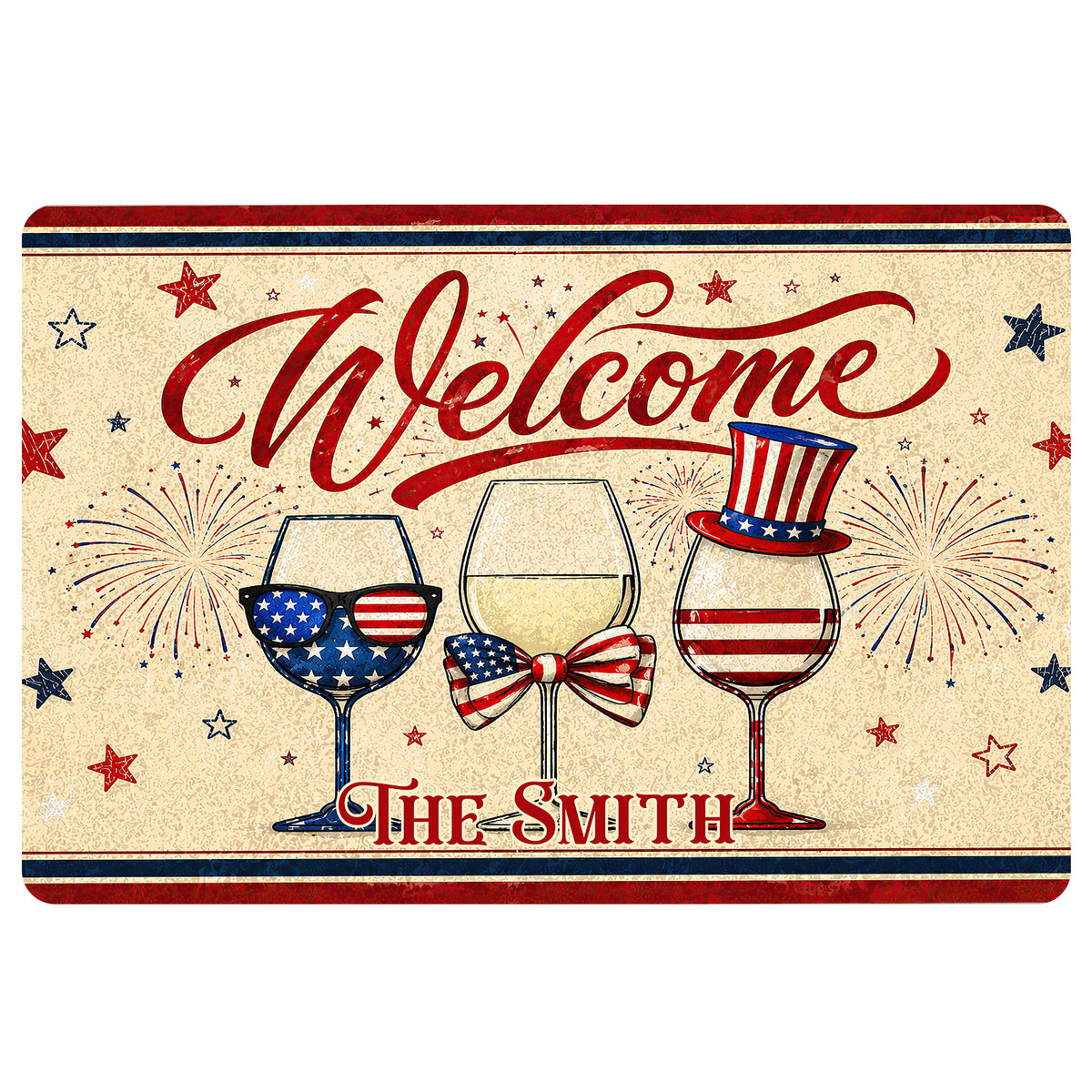 Wine-themed doormat with patriotic red, white and blue wine glasses, fireworks and a welcoming design