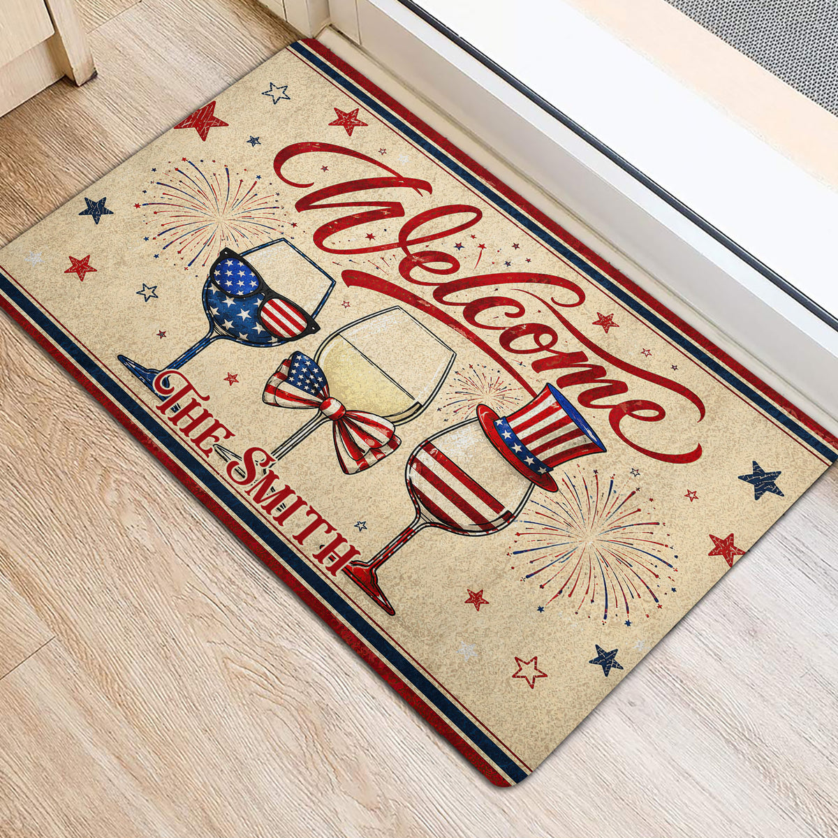 Wine glass and fireworks doormat styled at an indoor entrance with a red, white and blue design