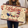 Wine-themed doormat shown in a lifestyle presentation with patriotic wine glasses and fireworks