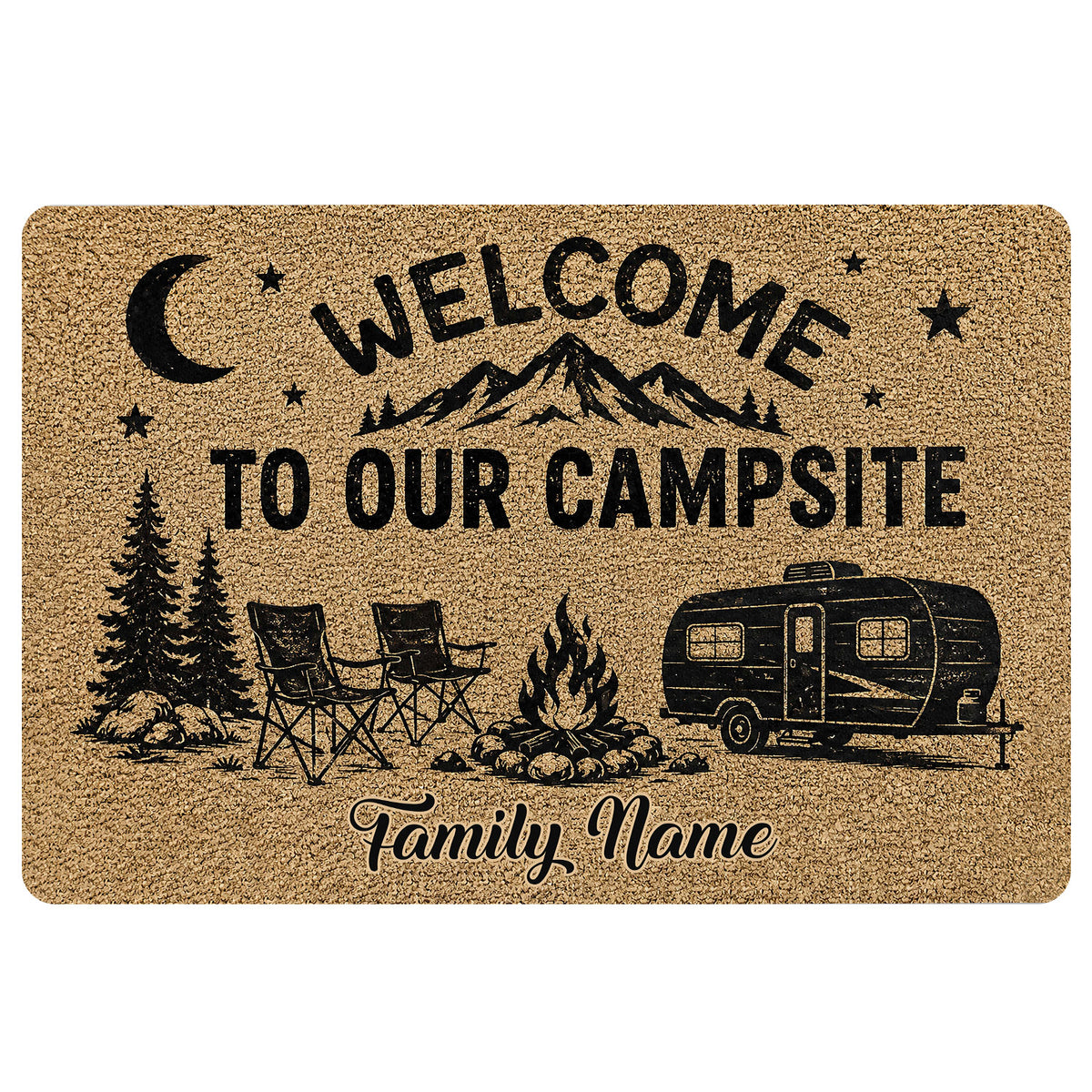 Camping doormat with mountains, pine trees, camp chairs, campfire, travel trailer, stars, and a crescent moon