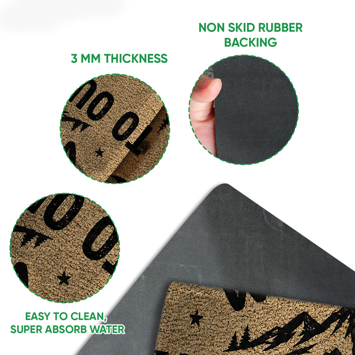 Camping doormat detail showing the printed felt surface and black rubber backing with a close-up view