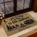 Camping doormat styled at a home entrance with a welcoming outdoor scene and travel trailer artwork