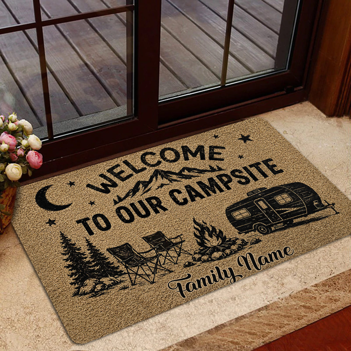 Camping doormat styled at a home entrance with a welcoming outdoor scene and travel trailer artwork