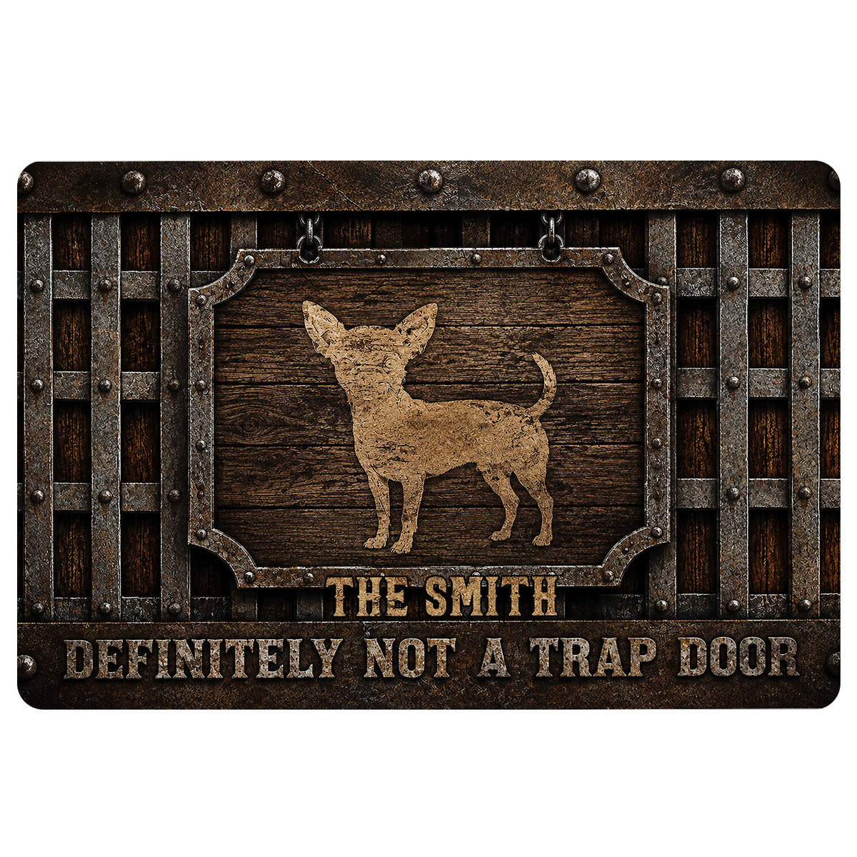 Rustic Chihuahua doormat design with a wood and metal gate theme and humorous entryway message