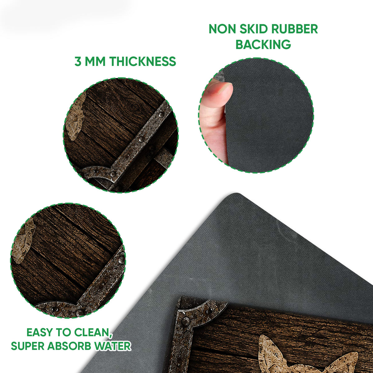 Close-up of Chihuahua doormat artwork showing the printed surface and black rubber backing