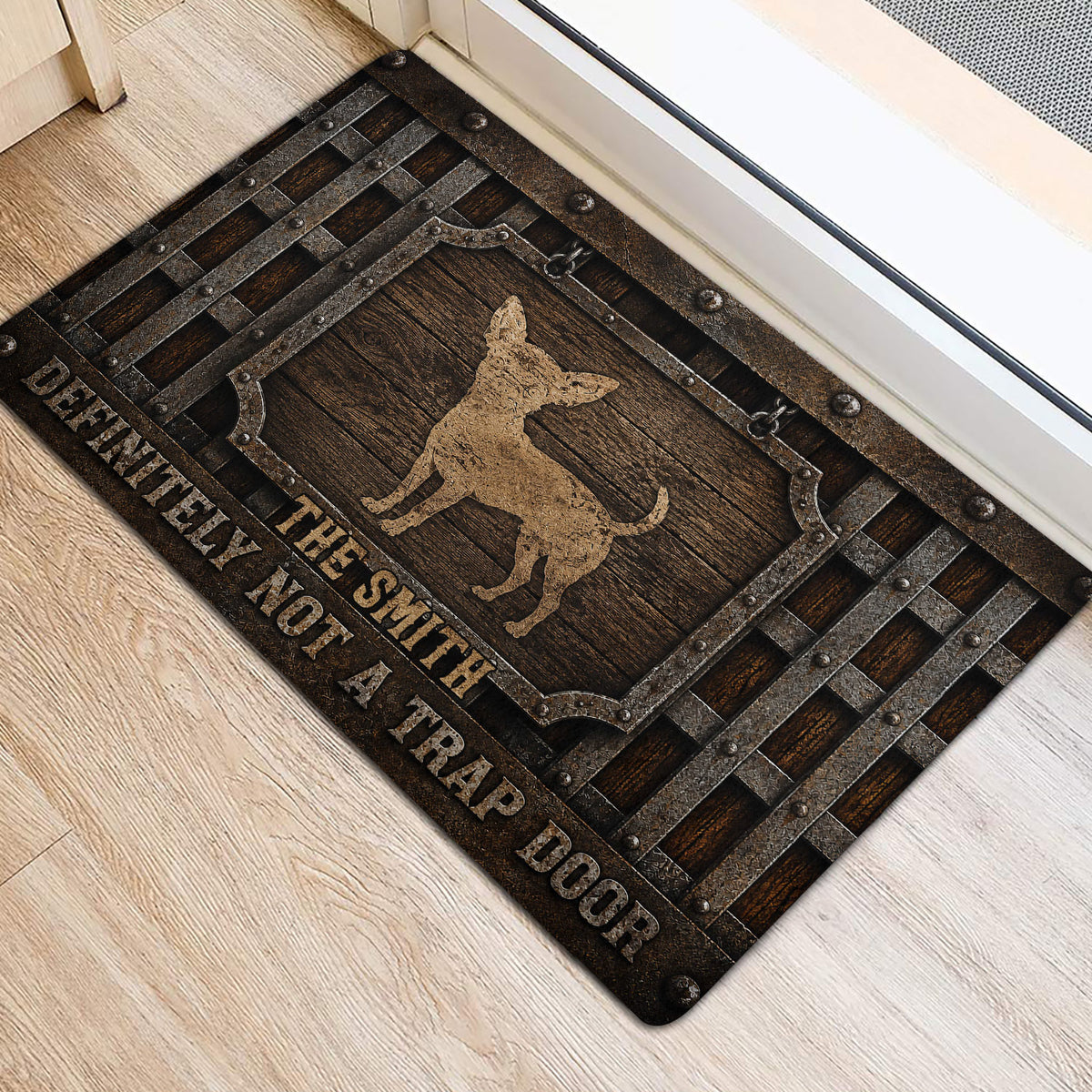 Rustic Chihuahua door mat displayed at an indoor entrance with a light wood floor