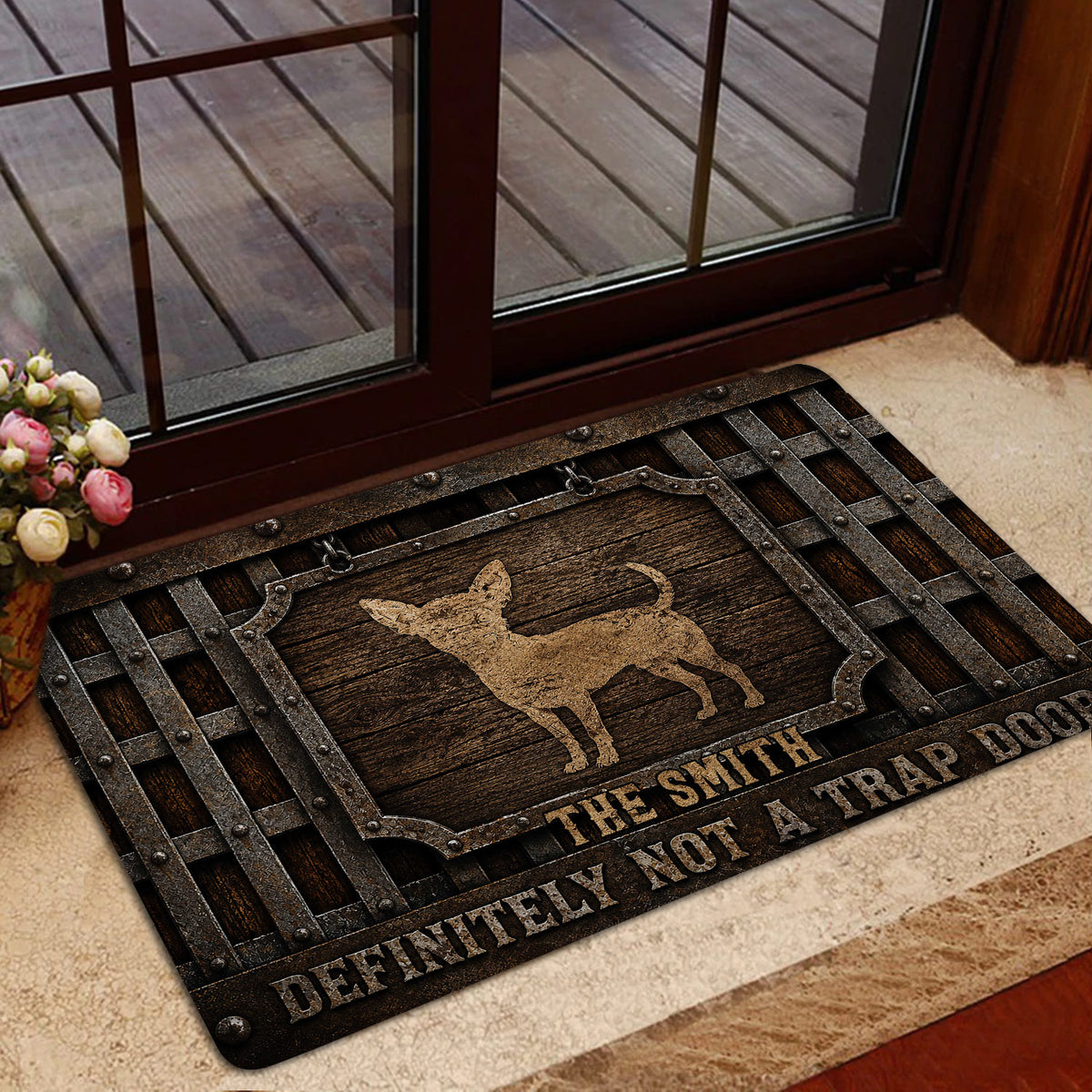 Chihuahua entryway rug shown near a glass door with a warm rustic home decor setting