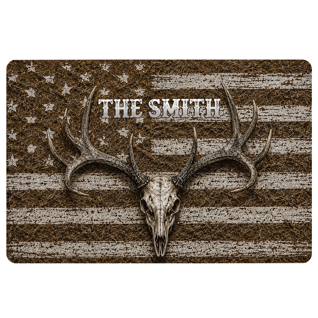 Rustic hunting doormat featuring a deer skull with antlers, distressed stripes, stars and a central family name area