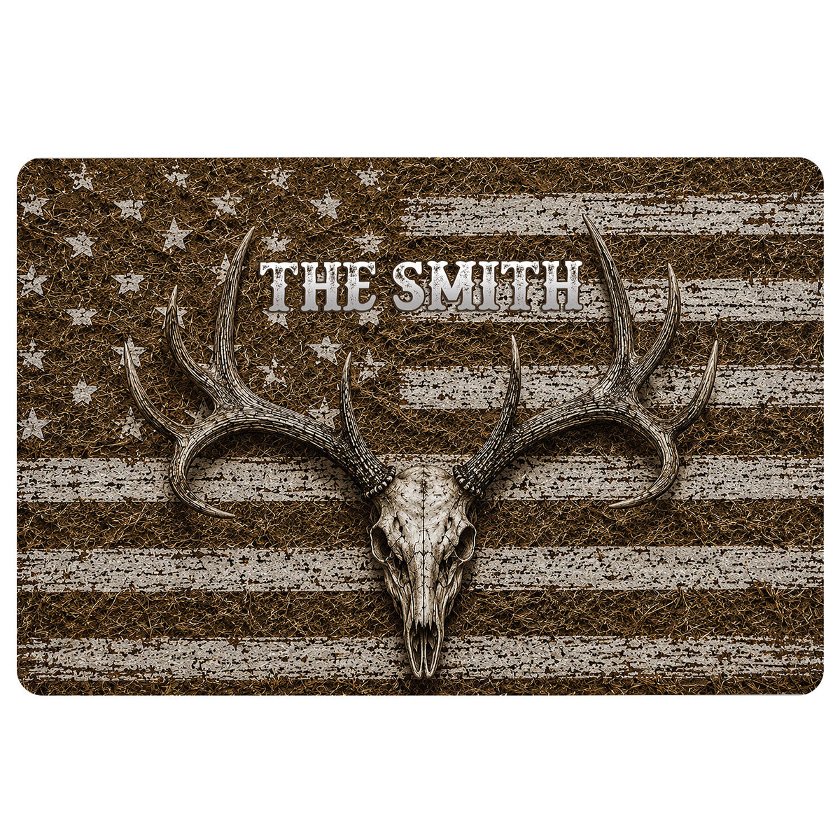 Rustic hunting doormat featuring a deer skull with antlers, distressed stripes, stars and a central family name area