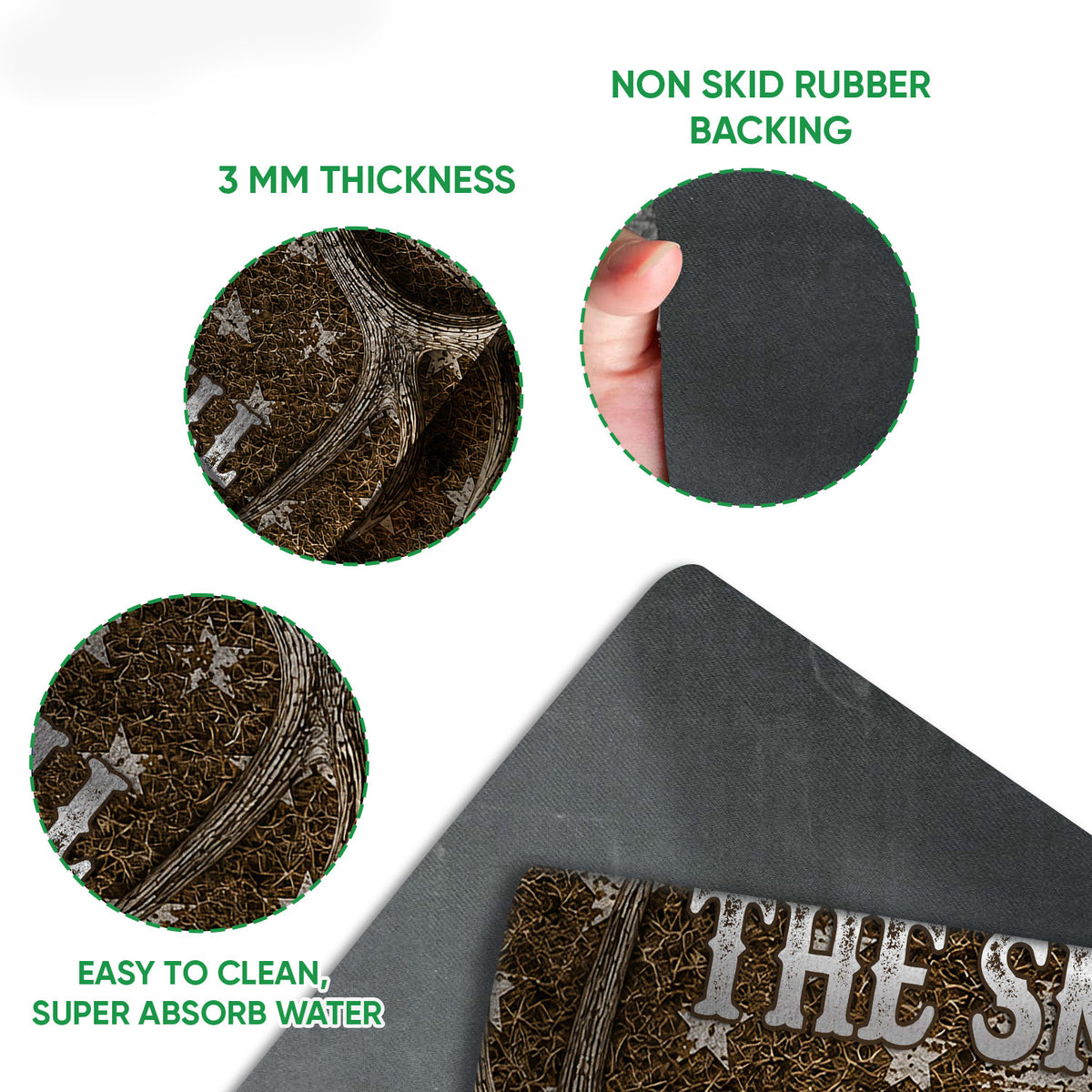 Close-up detail of the hunting doormat artwork, black rubber backing and thin profile shown in feature views