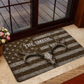 Rustic deer skull doormat shown at a home entrance with distressed stripes and star accents