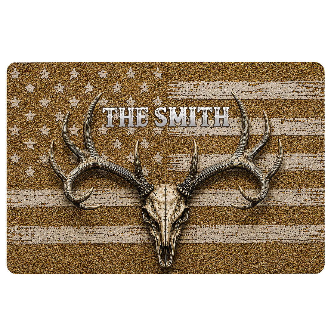 Hunting doormat with a deer skull, large antlers, rustic stars and distressed stripes in earthy brown and cream tones