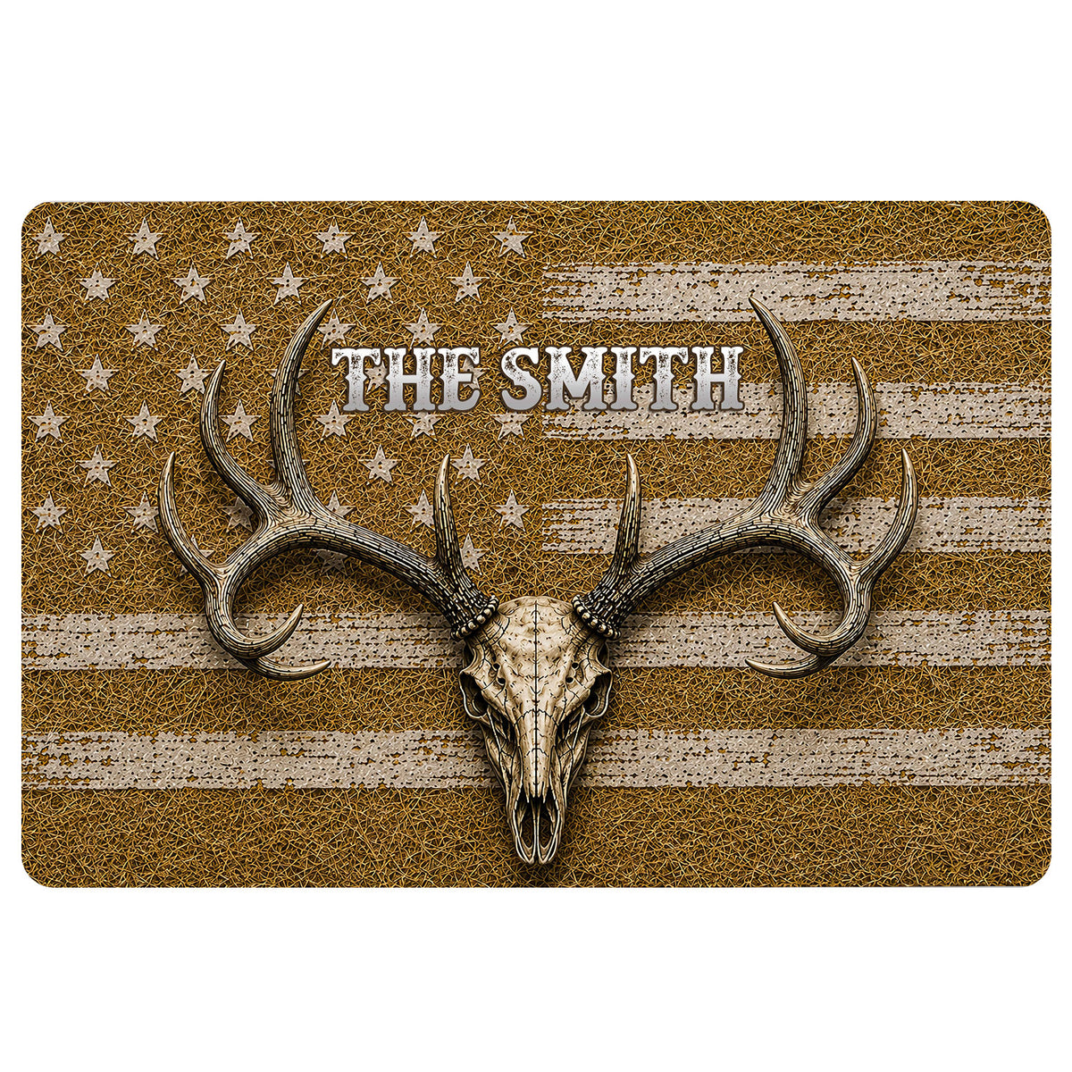 Hunting doormat with a deer skull, large antlers, rustic stars and distressed stripes in earthy brown and cream tones