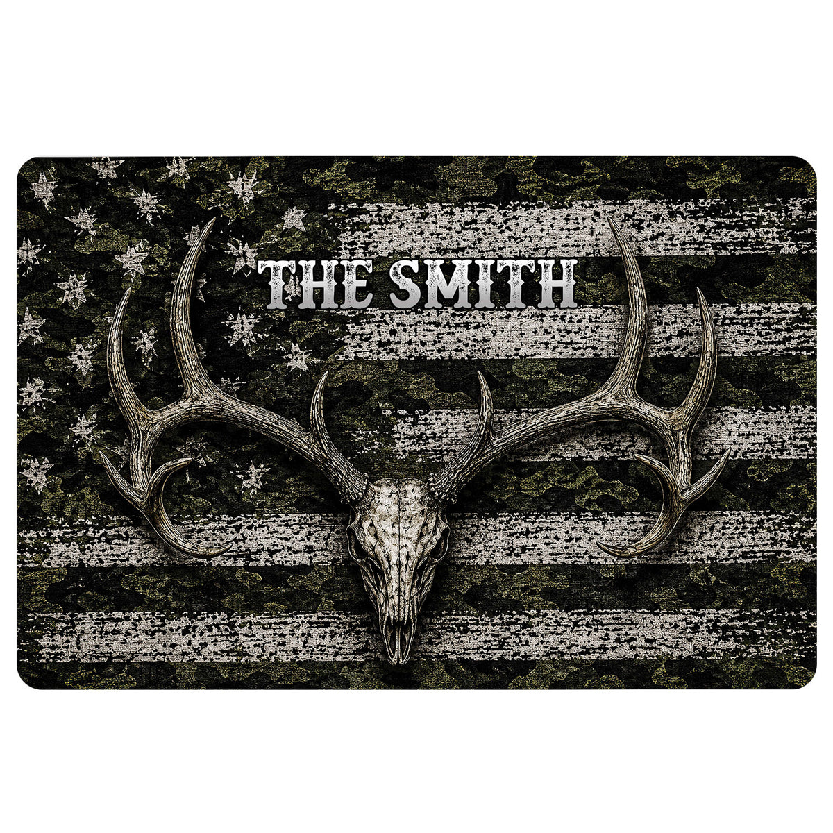 Hunting doormat with a deer skull and wide antlers over dark camouflage and distressed stripe artwork