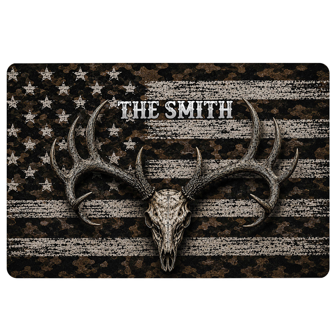 Hunting doormat with an antlered skull, camouflage background, distressed stripes and star pattern