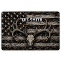 Hunting doormat with an antlered skull, camouflage background, distressed stripes and star pattern