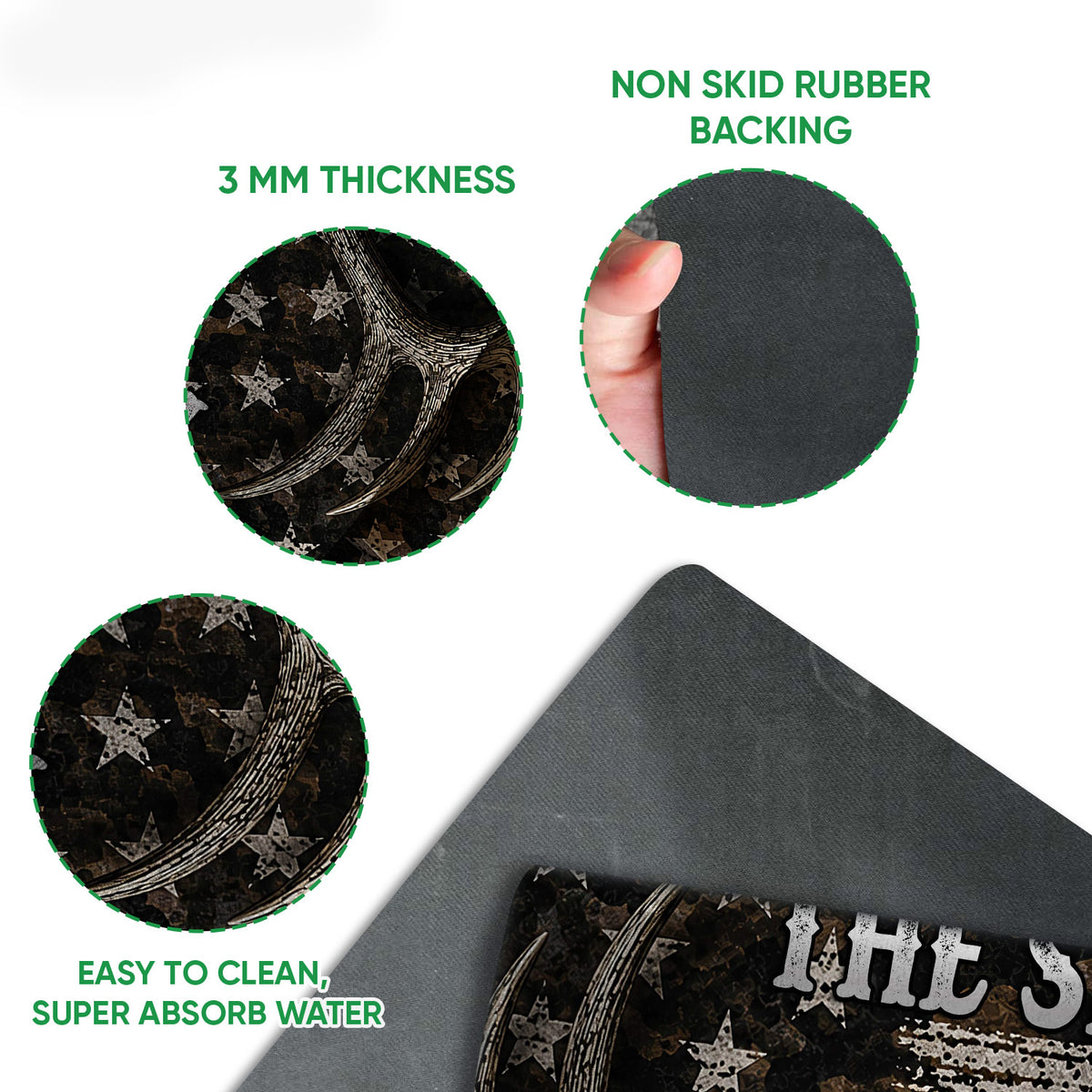 Close-up feature view of hunting doormat artwork with antlers, skull detail and textured backing