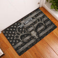 Antlered skull hunting doormat displayed at a home entryway on warm wood flooring