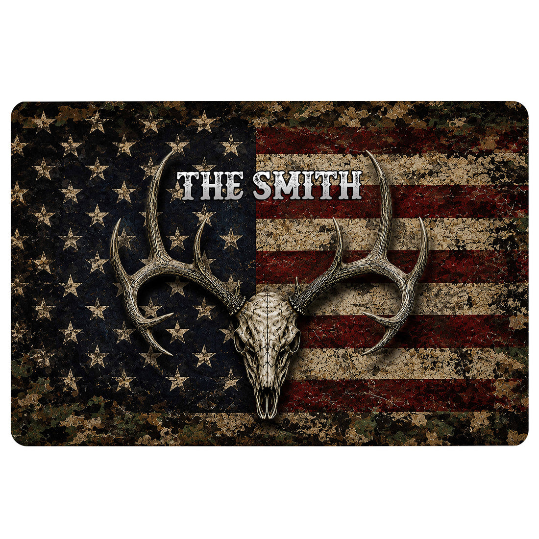 Hunting doormat with an antlered deer skull, rustic American flag design, stars, stripes and bold lettering